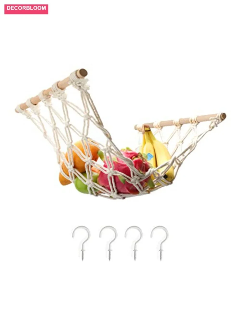 Hand-Woven Cotton Fruit Hammock with Hooks, Rectangle Kitchen Storage Basket